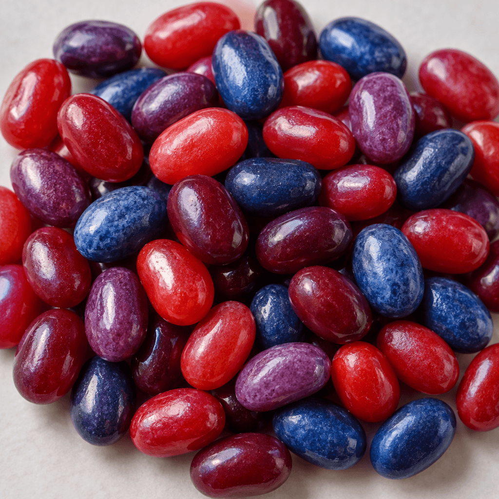 Small, glossy, bean-shaped candies in a mix of berry shades, including red, purple, and blue, are scattered together in a colorful assortment.