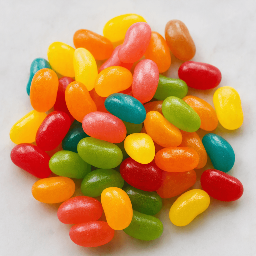 A handful of small, glossy, bean-shaped candies in a mix of bright tropical colors, with smooth, slightly translucent surfaces, scattered together on a plain surface.