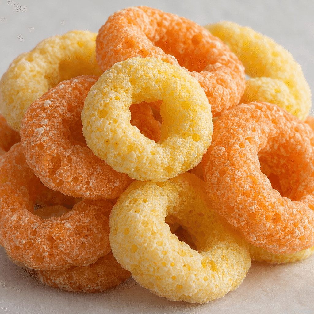 Pale yellow and peach-orange rings sit in a small pile, their uneven, airy surfaces marked with tiny pores and a lightly crystalline coating.