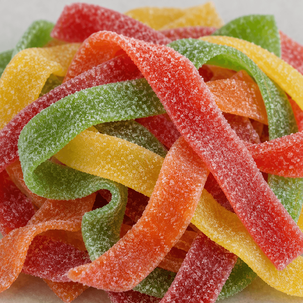 Long, flat, flexible gummy strips in bright fruit colors, with a fine coating of sugar crystals and a smooth, slightly translucent surface.