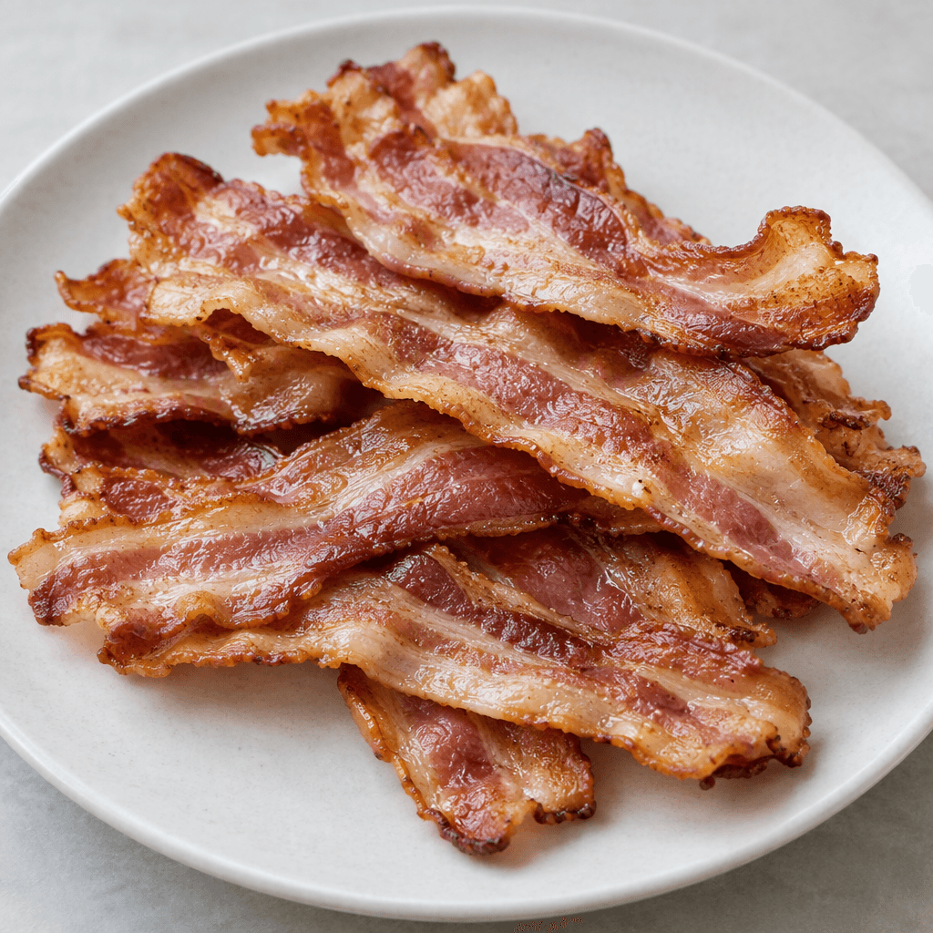 Several thin, elongated strips of bacon lie overlapping on a plate, with alternating rosy-brown meat and creamy white fat, irregular edges, and slightly curled, crisp-looking surfaces.
