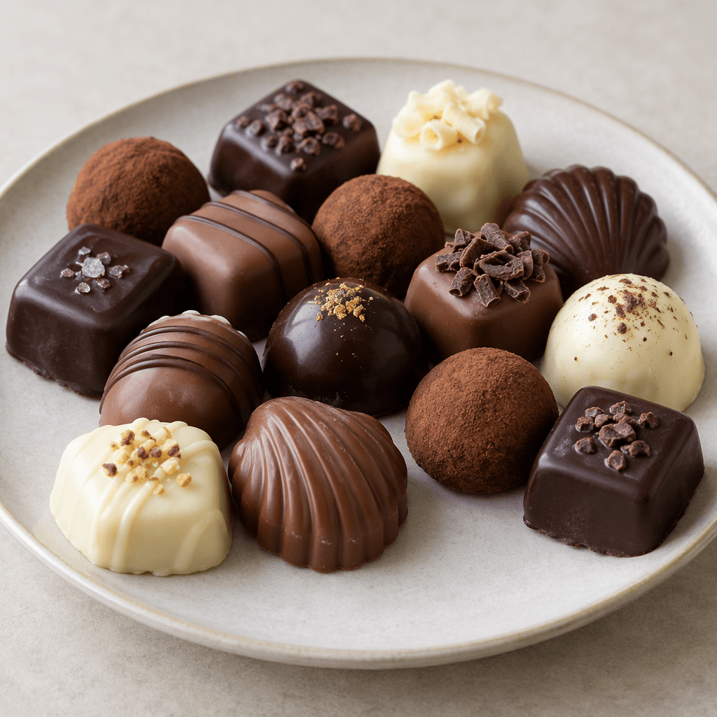 An assortment of bite-sized chocolate confections arranged on a plate, with dark brown, milk-brown and ivory pieces in smooth molded squares, domes and shells, some glossy and some dusted with cocoa powder or topped with fine chocolate curls.