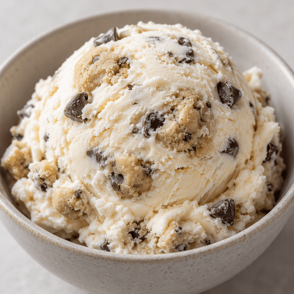 A rounded scoop of pale cream-colored ice cream sits in a bowl, studded with irregular tan cookie-dough pieces and small dark chocolate chips.