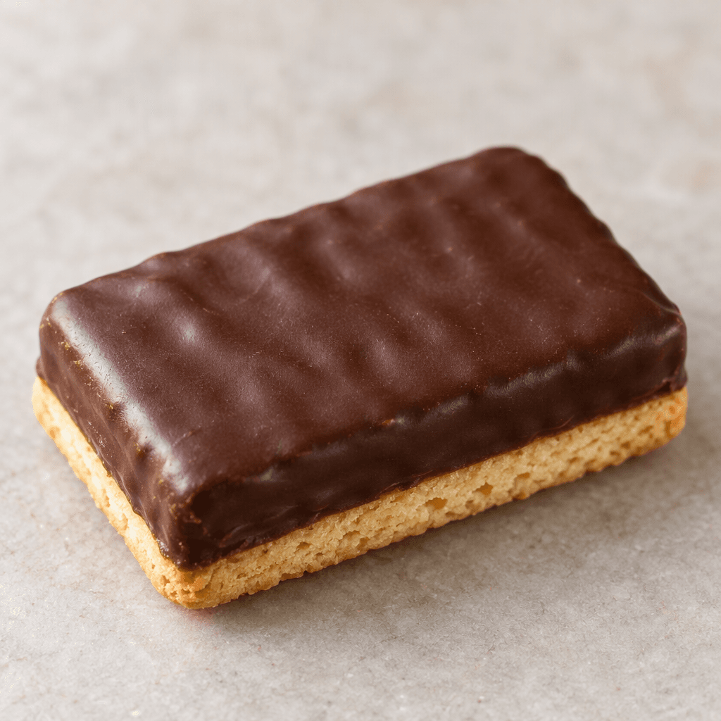 A small, rectangular chocolate-coated biscuit with a smooth dark-brown surface and a pale biscuit layer visible along the edge.