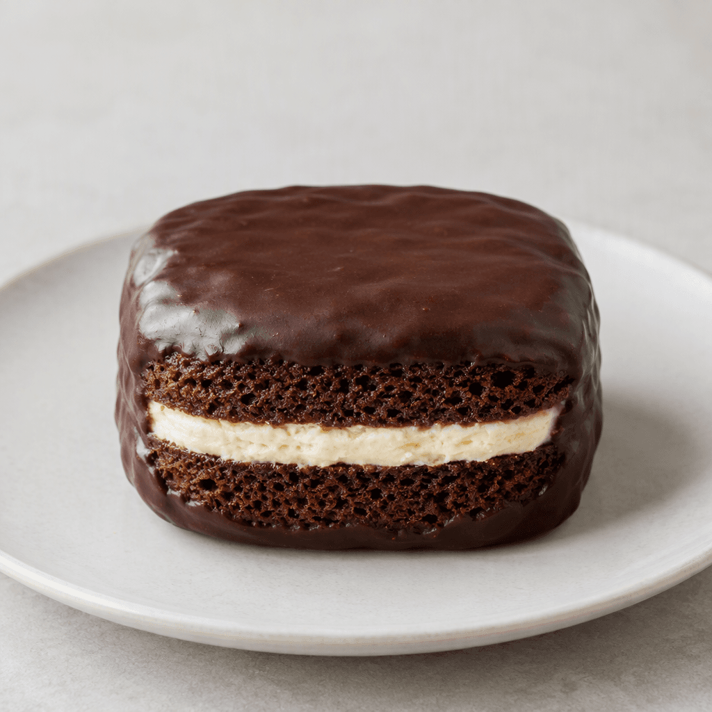 A small, rounded rectangular chocolate cake with a dark brown coating and a pale cream layer visible between the soft cake layers, served on a plain plate.