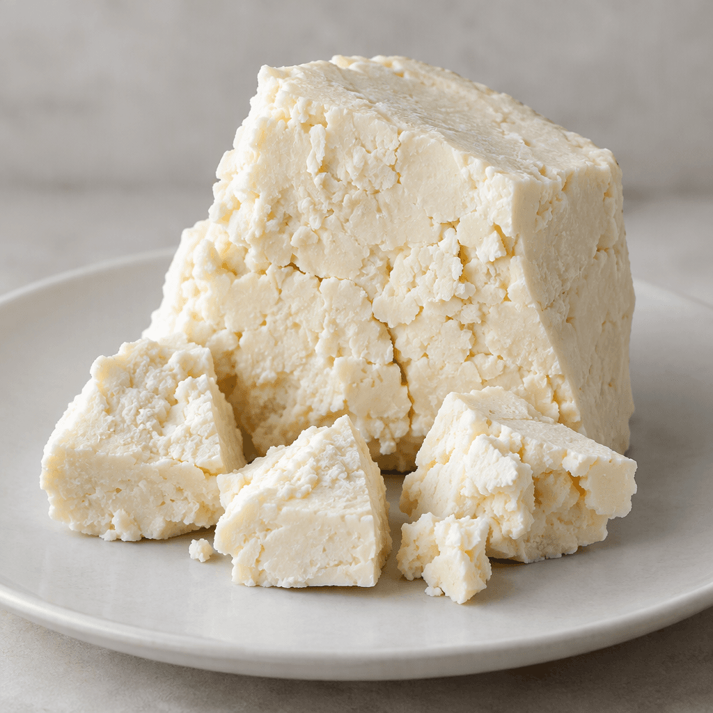 An irregular block of Bergama tulum cheese with a firm, crumbly texture, off-white to pale ivory colouring, and small uneven cracks across its cut surface, served in chunky pieces on a plain plate.