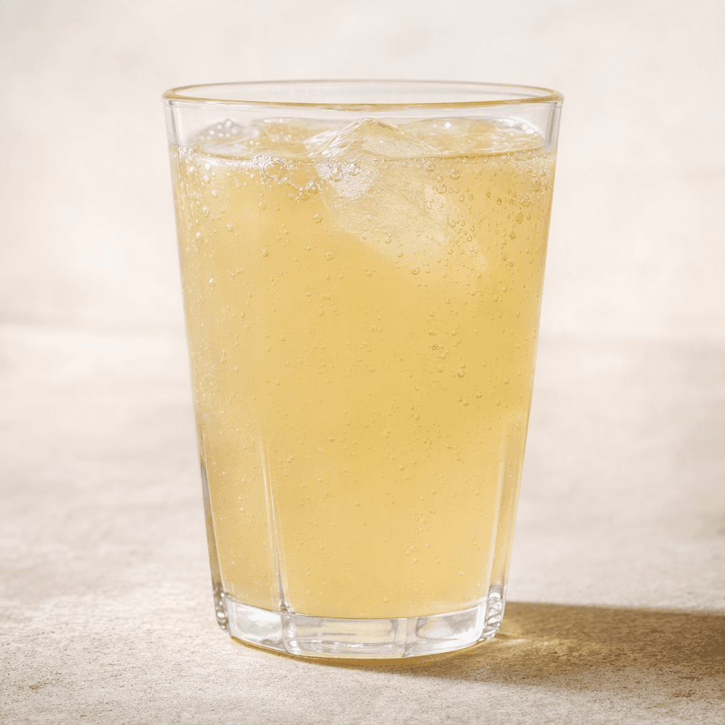 A pale golden, slightly cloudy soft drink sits in a clear glass, with fine bubbles rising through it.