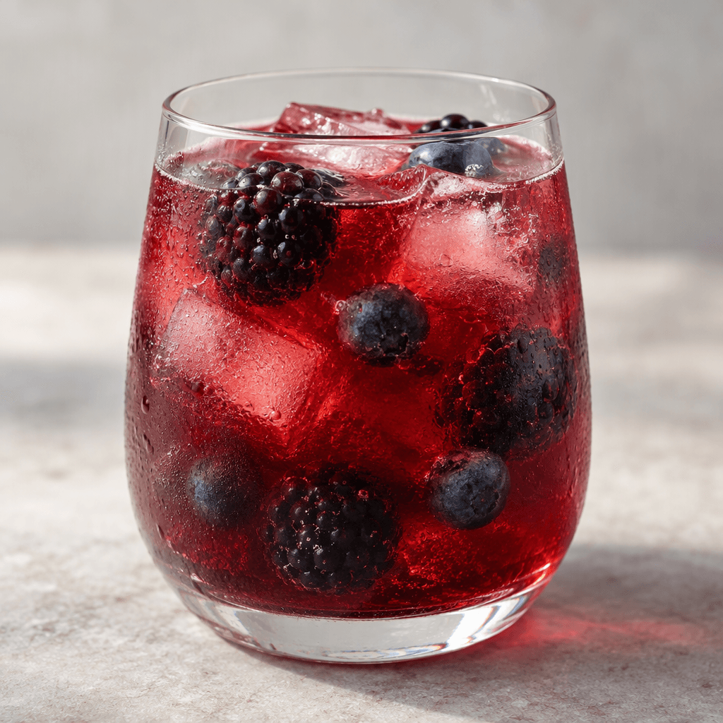 A deep ruby-red, slightly translucent drink is served in a clear glass, with dark berries and ice visible through the liquid.