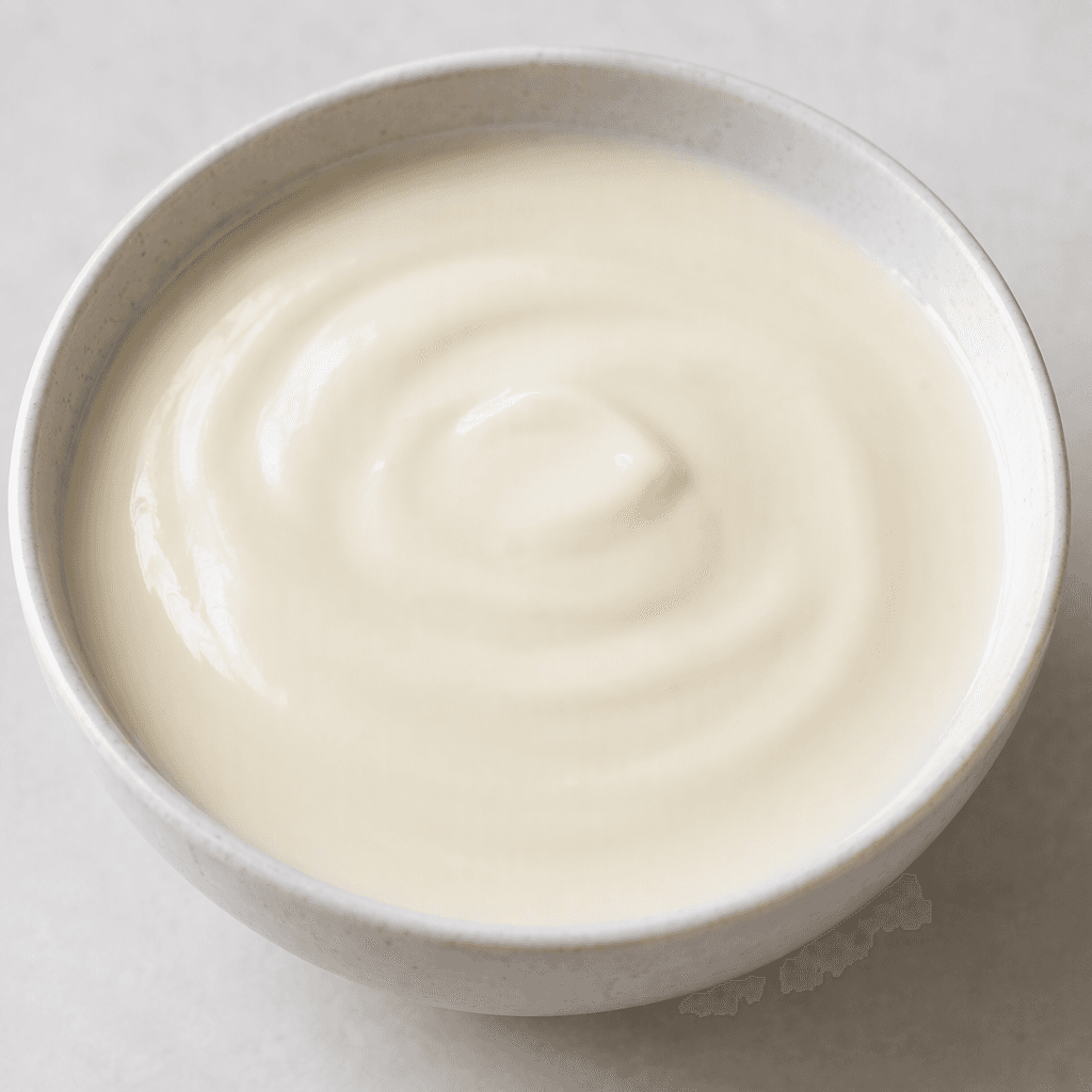 Smooth, glossy ivory-white sauce with a thick, pourable consistency, spread in a shallow pool in a bowl and free of visible ingredients or lumps.