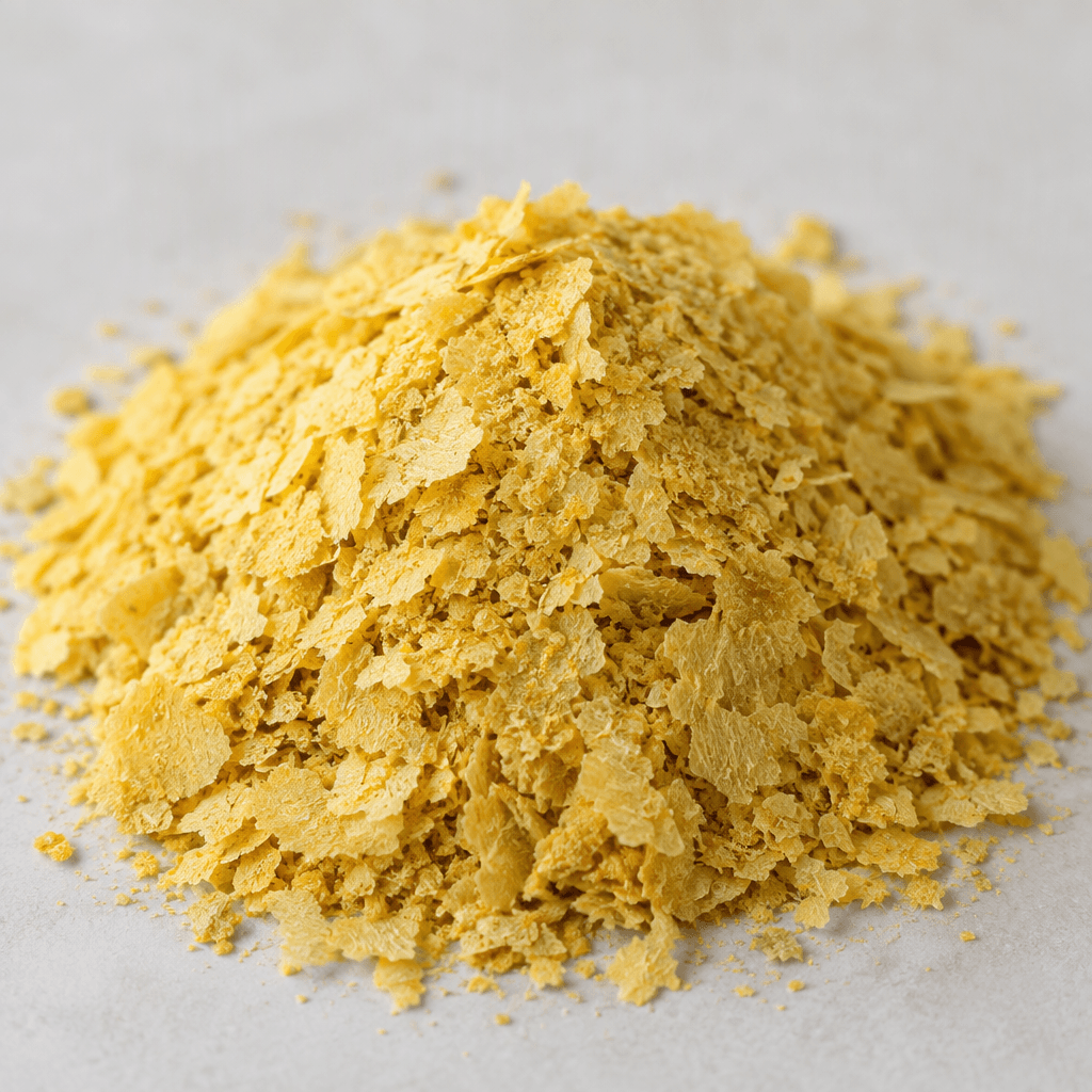 Loose, dry nutritional yeast appears as fine, irregular golden-yellow flakes with a slightly crumbly, powdery texture, gathered in a small mound.