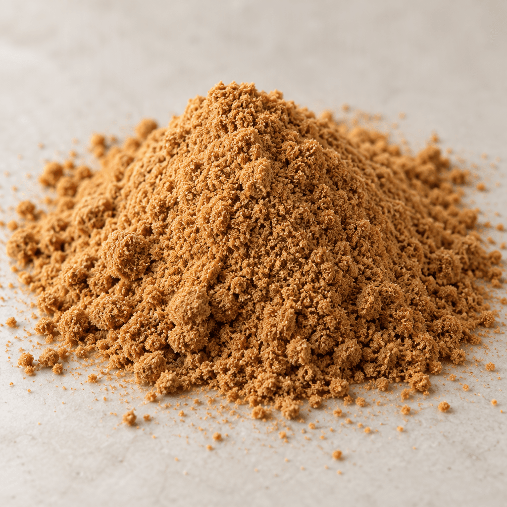 Fine, light caramel-brown powder sits in a soft mound, with a dry, smooth texture and a few loose grains scattered around it.