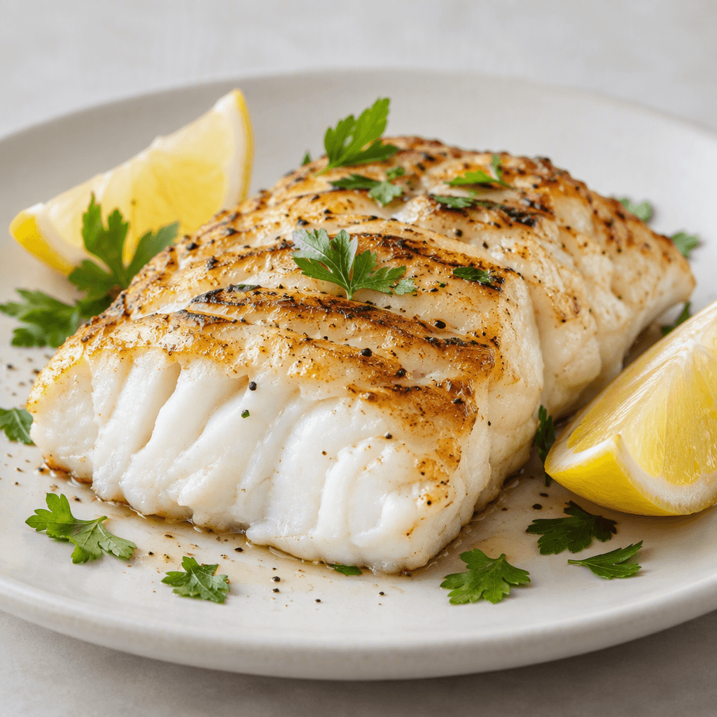 A thick, flaky white fish fillet with lightly browned grill marks and a moist, opaque interior, served on a plain plate with a few lemon wedges and scattered green herb leaves.
