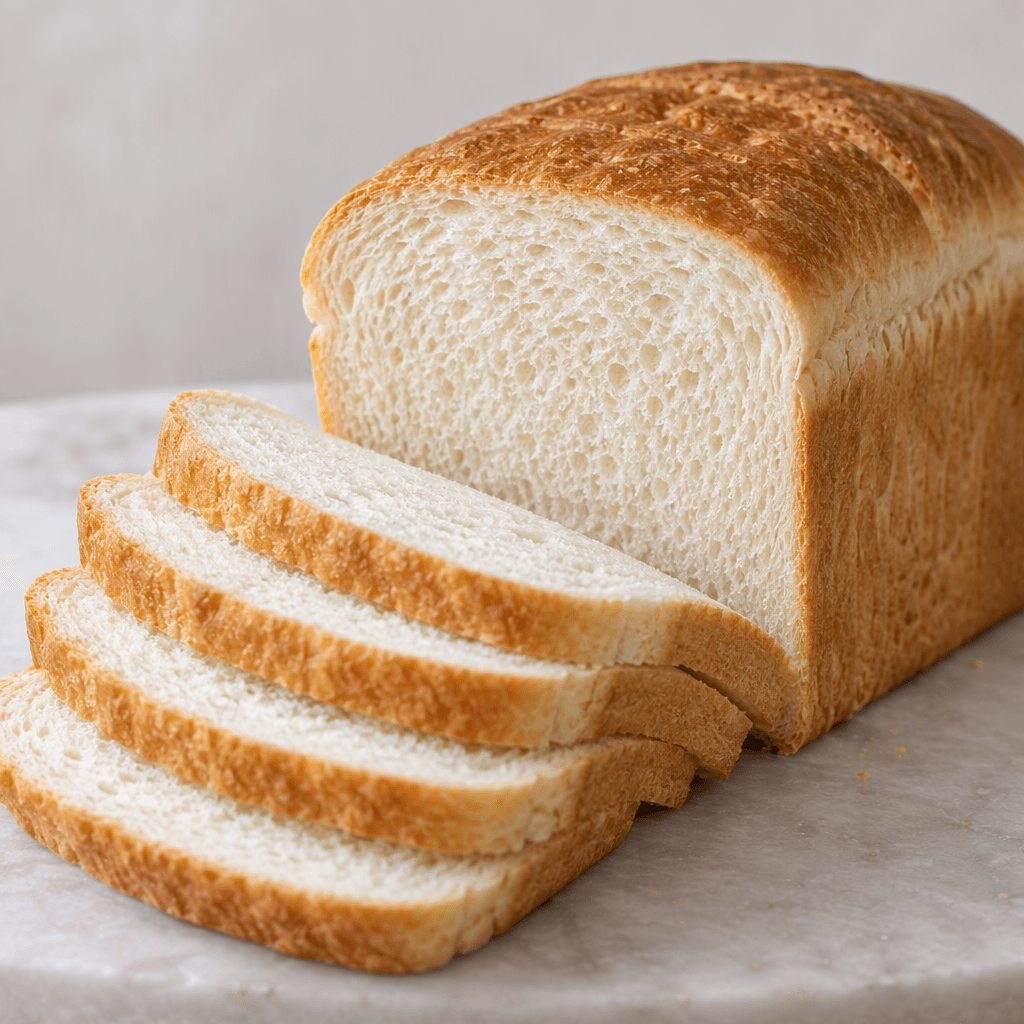 A rectangular loaf of white wheat bread with a lightly golden, thin crust and a soft, finely porous white interior, with several even slices arranged beside it.