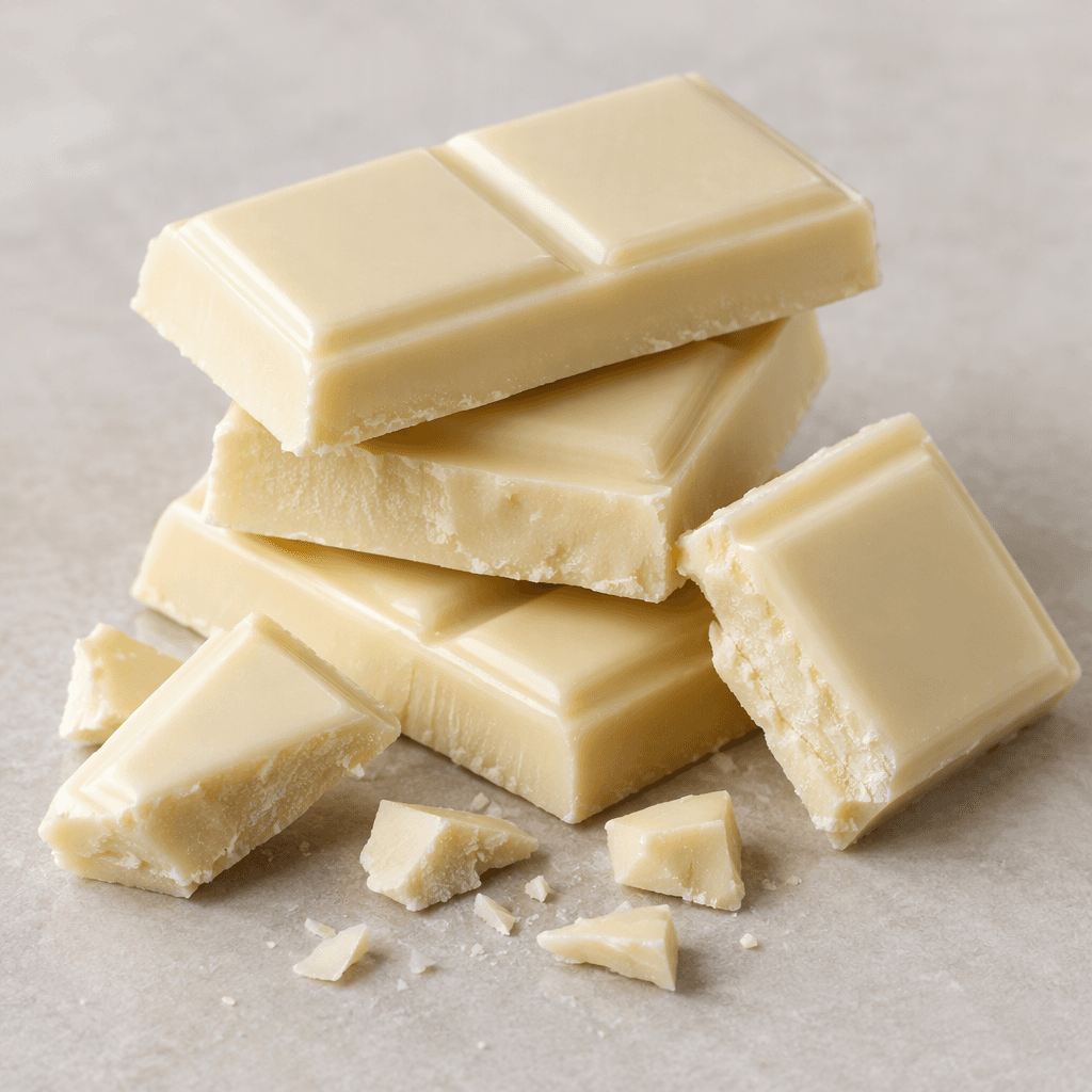 Ivory-white chocolate is shown as smooth, glossy rectangular bars and broken pieces, with a firm surface and clean, slightly uneven snap edges.