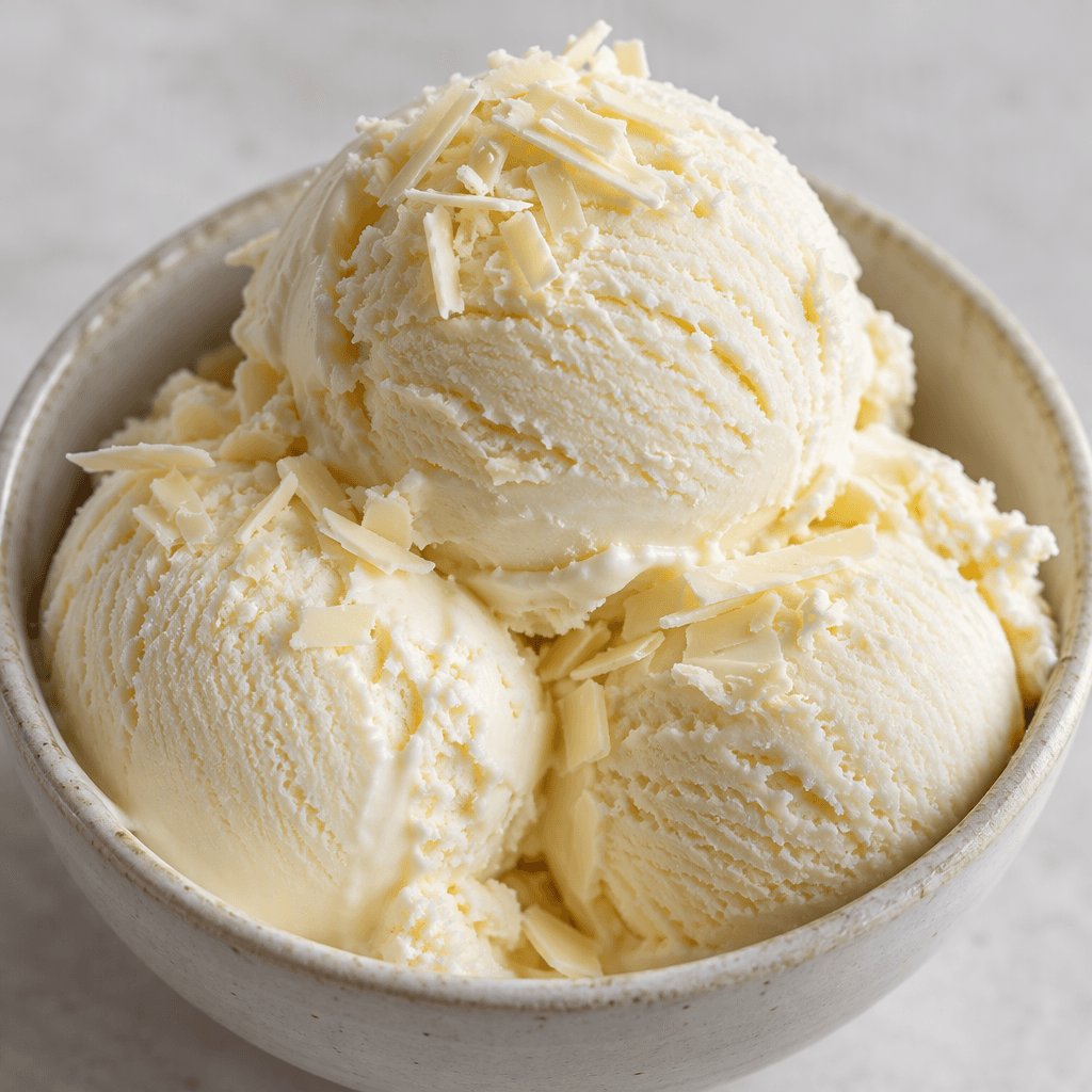 Pale ivory white chocolate ice cream sits in rounded scoops, with a smooth, creamy surface and a few fine white chocolate shavings visible on top.