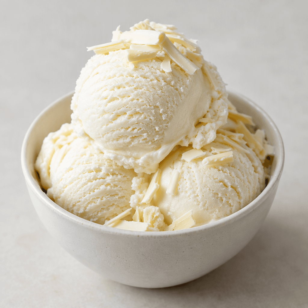 A smooth, creamy white ice cream with a faint ivory tint, shaped into rounded scoops with soft ridges, served in a small bowl and topped with delicate white chocolate shavings.