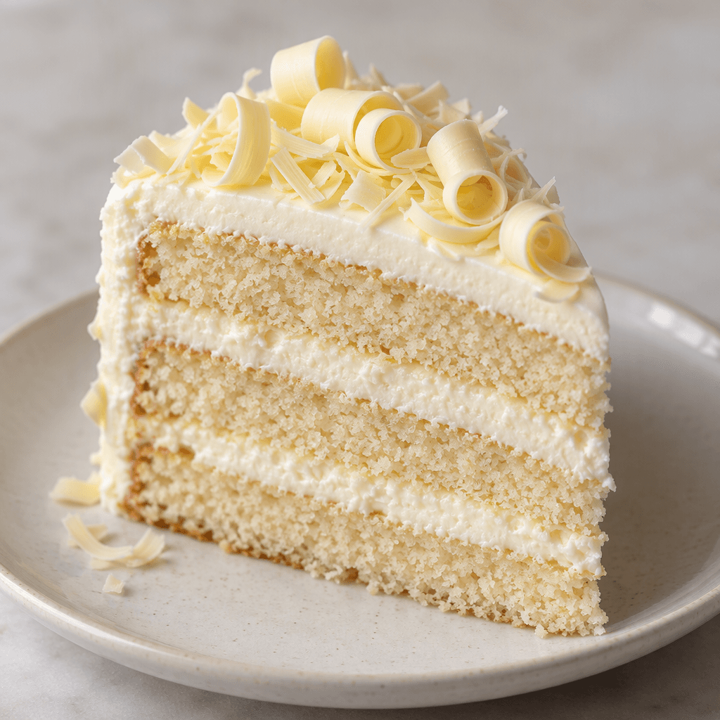 A slice of cake with pale ivory layers, smooth white frosting, and delicate white chocolate curls scattered over the top, served on a plate.