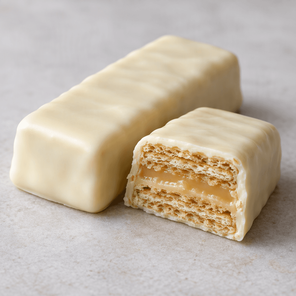 A rectangular white-chocolate-coated bar with a smooth ivory surface, shown whole beside a cut piece revealing thin crisp wafer layers and a pale caramel filling.