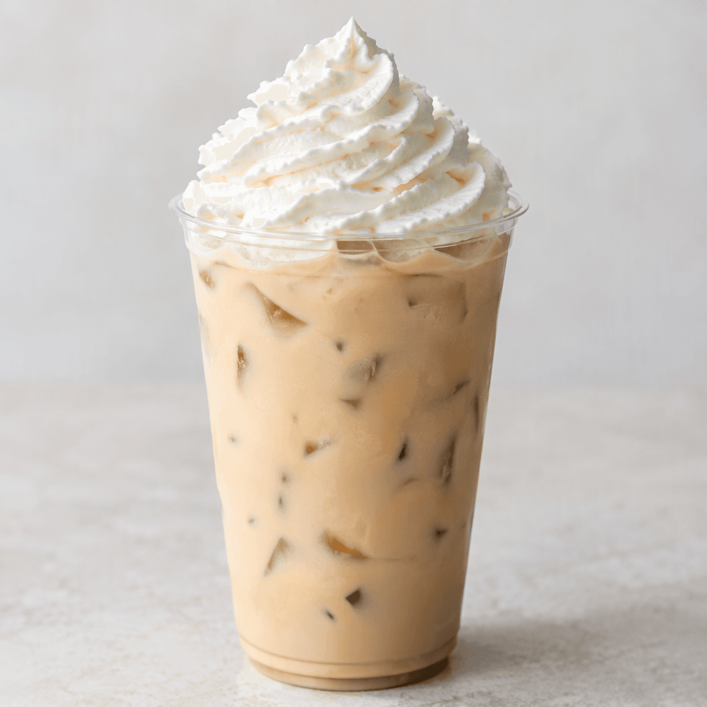 A tall clear cup holds a pale beige iced drink with visible ice cubes and a thick swirl of white whipped cream on top.