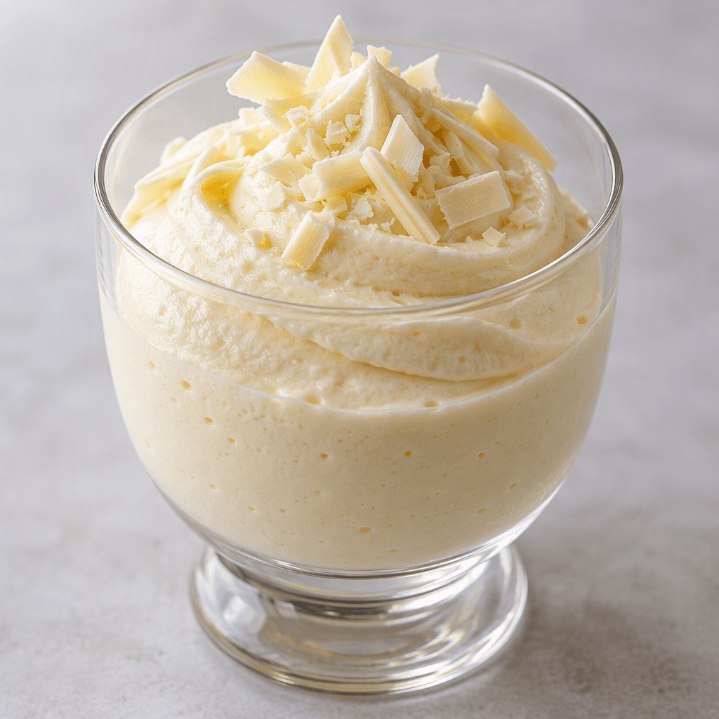 Pale ivory white chocolate mousse sits in a small dessert glass, its surface smooth and softly whipped with a light, airy texture.