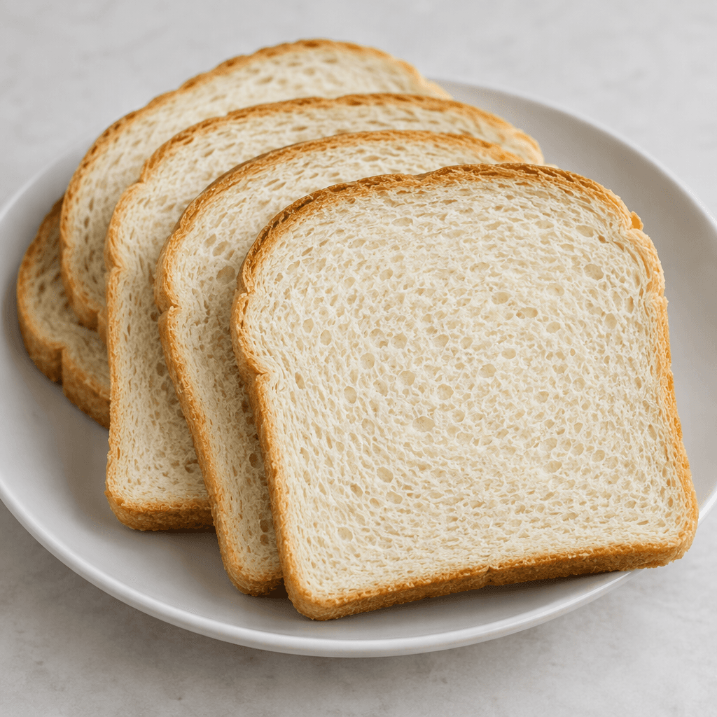 Several slices of soft white bread with a pale ivory, finely textured crumb and thin golden-brown crusts, arranged overlapping on a plain plate.