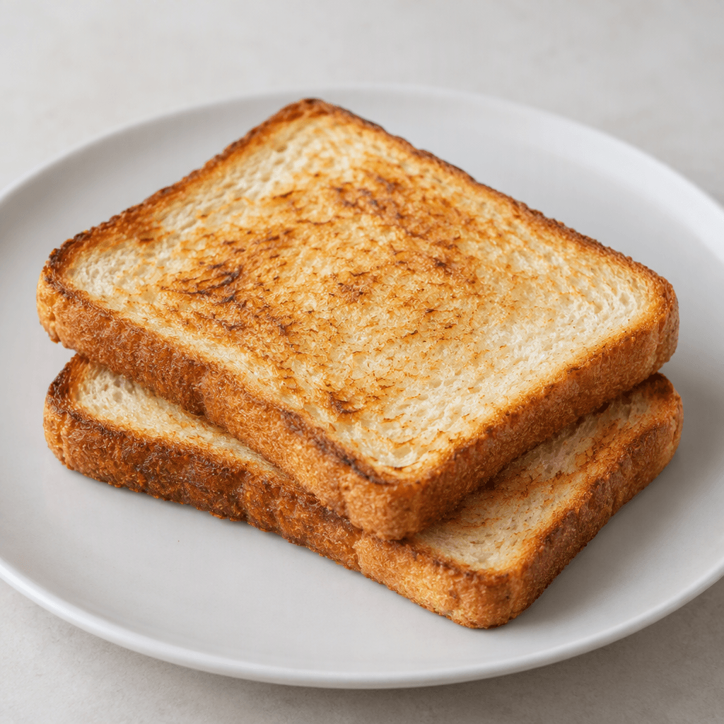 Two rectangular slices of white sandwich bread toasted to a light golden brown, with crisp browned edges, a pale soft-looking interior, and a few darker toast marks, stacked slightly offset on a plain plate.