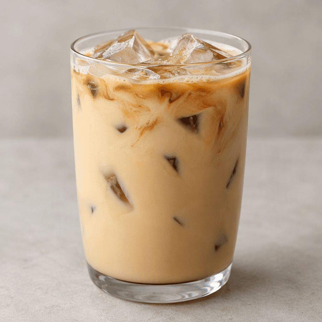 A pale creamy-beige iced coffee fills a clear glass, with angular ice cubes visible through it and faint darker coffee swirls near the surface.