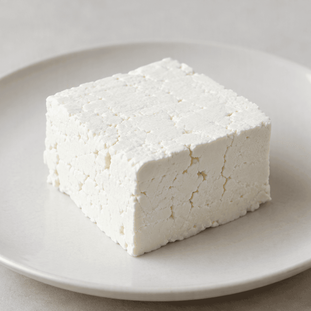A small block of low-fat white cheese with a matte chalk-white surface, clean straight edges, a firm yet slightly crumbly texture, and a few irregular cracks, served on a plain plate.