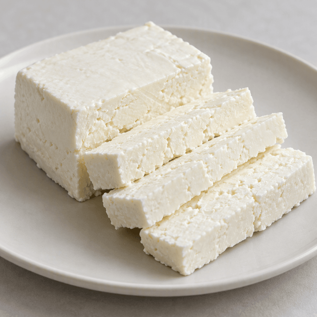 A low, rectangular block of white cheese with a smooth, slightly moist surface, clean cut edges, and a firm but crumbly texture, served in several thick slices on a plain plate.