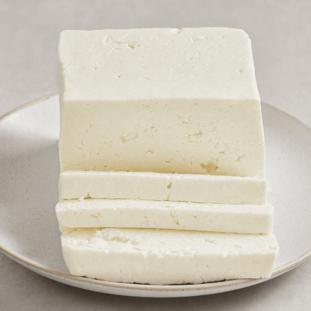 A moist, smooth-sided block of bright white cheese with a dense, slightly crumbly cut surface, served in thick rectangular slices on a plain plate.