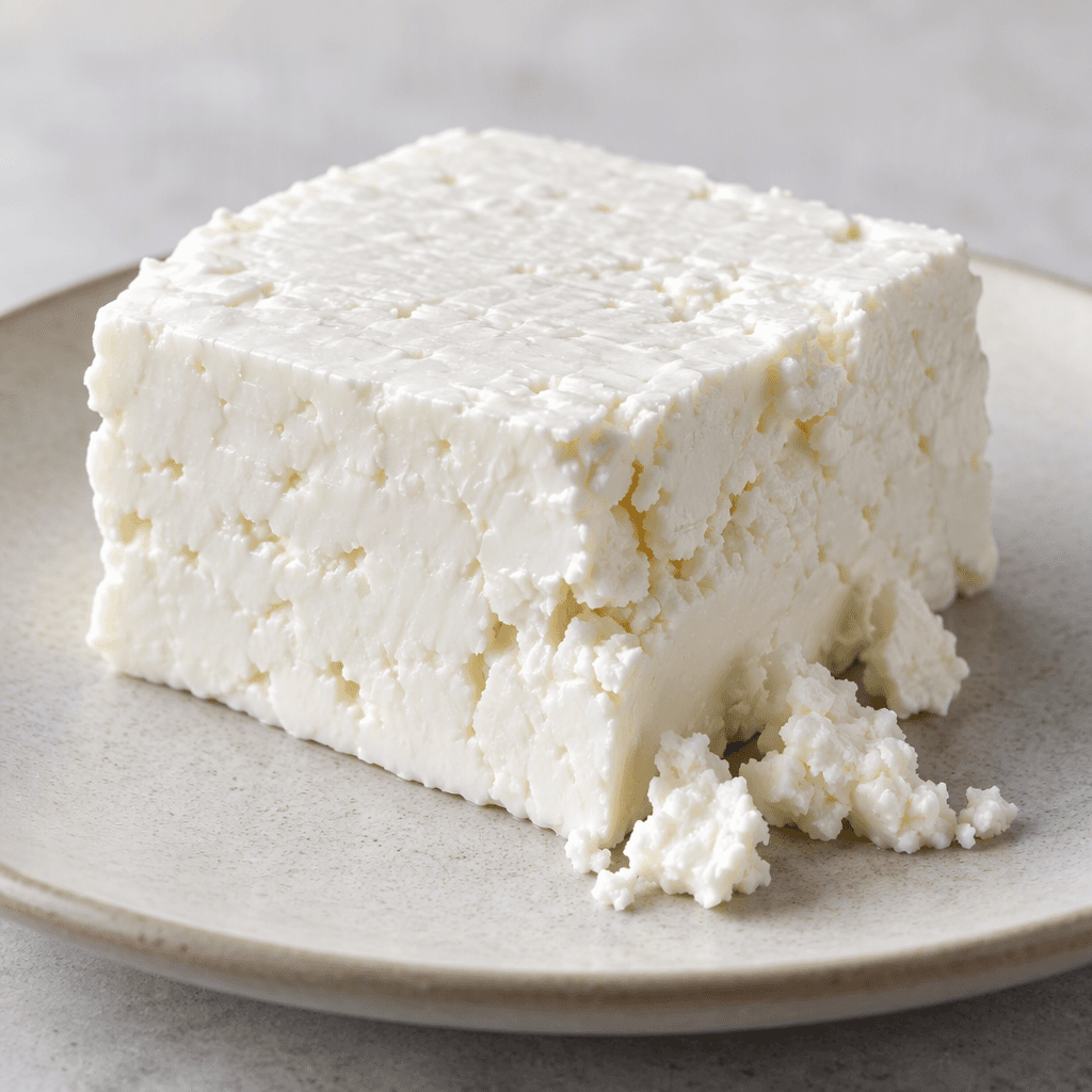 A compact block of bright white cheese sits on a plate, with smooth, slightly moist cut faces and a few softly crumbled edges.