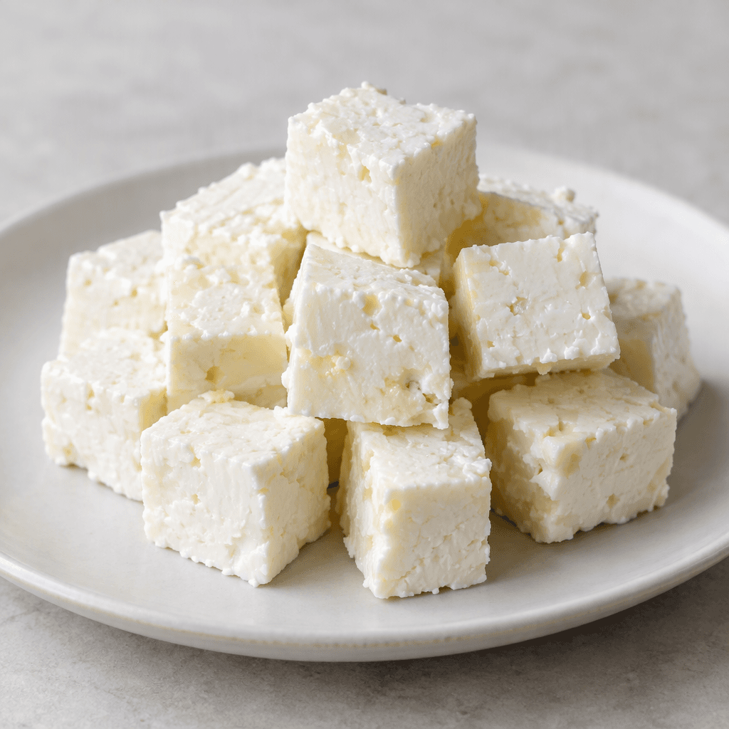 Small white cubes of firm, slightly crumbly cheese with a moist, smooth surface, arranged on a plain plate.
