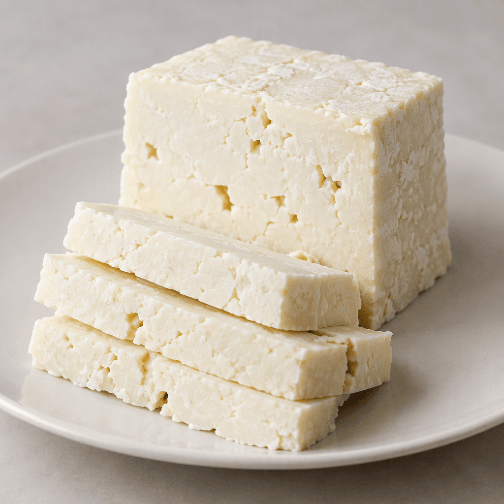 A compact block of full-fat aged white cheese in an ivory-white colour, with a firm, slightly crumbly surface, clean cut edges, and a few small irregular openings, presented in thick slices on a plain plate.
