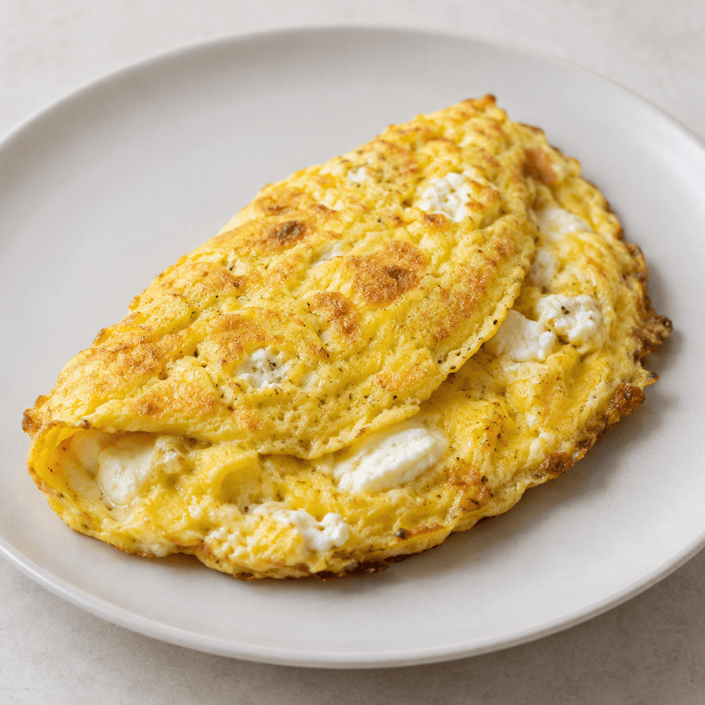 Sade bir tabakta servis edilen, iç kısmında kremamsı beyaz peynir parçaları görünen, yumuşak kıvamlı ve altın sarısı renkte katlanmış bir omlet; kenarları yer yer hafifçe kızarmış, yüzeyi ise nazikçe dalgalıdır.