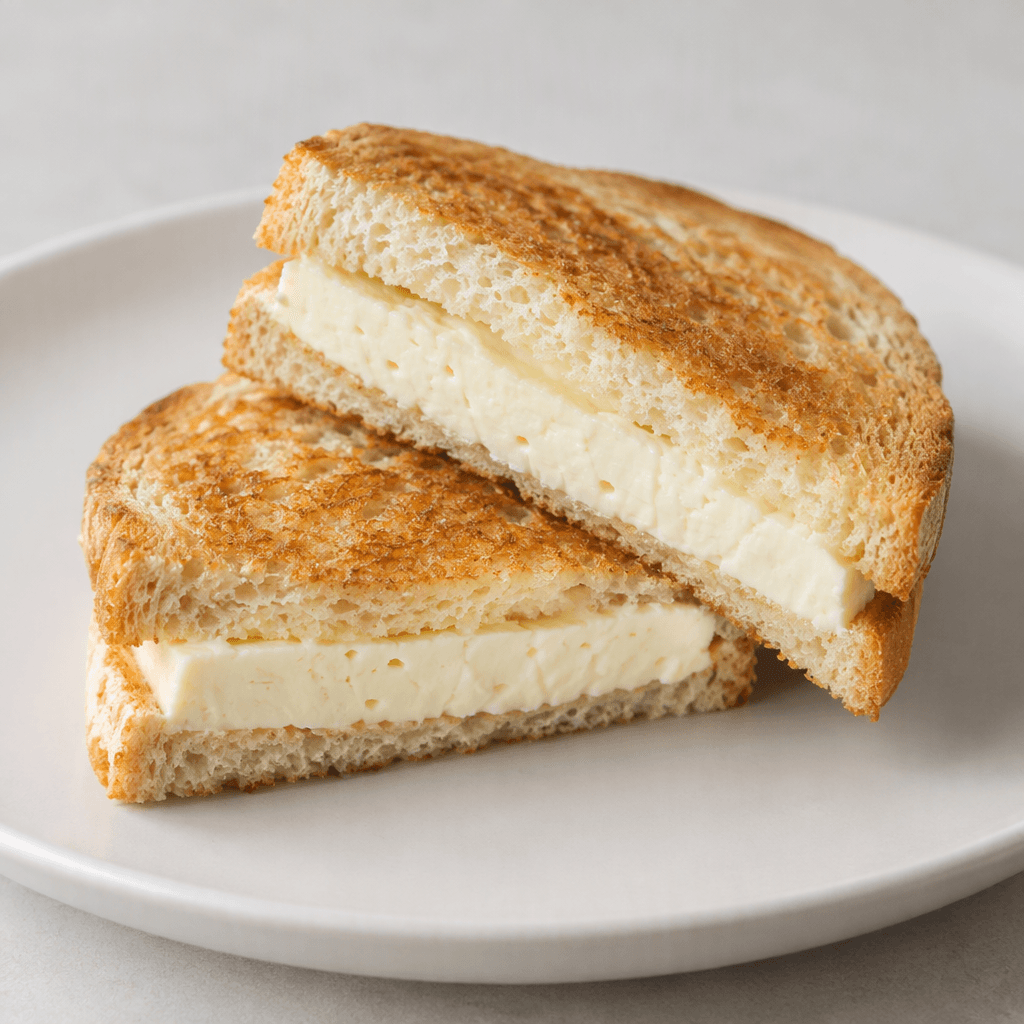 Two slices of lightly toasted white bread hold thick, rectangular slices of soft white cheese, with the pale filling visible along the cut edges on a plain plate.