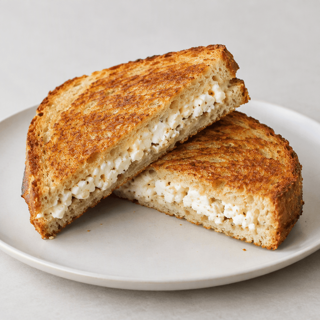 A pressed toasted sandwich made from two golden-brown bread slices with a visible layer of white, slightly crumbly cheese between them, cut in half and served on a plain plate.