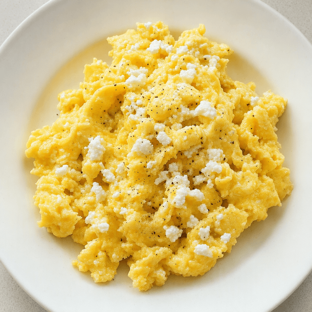 Soft, pale-yellow scrambled eggs with small white crumbles of feta scattered throughout, served in a loose mound on a plate.