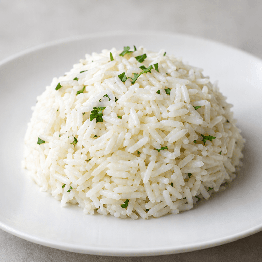 Fluffy white rice pilaf with separate, glossy grains, served as a neat rounded mound on a plain plate.