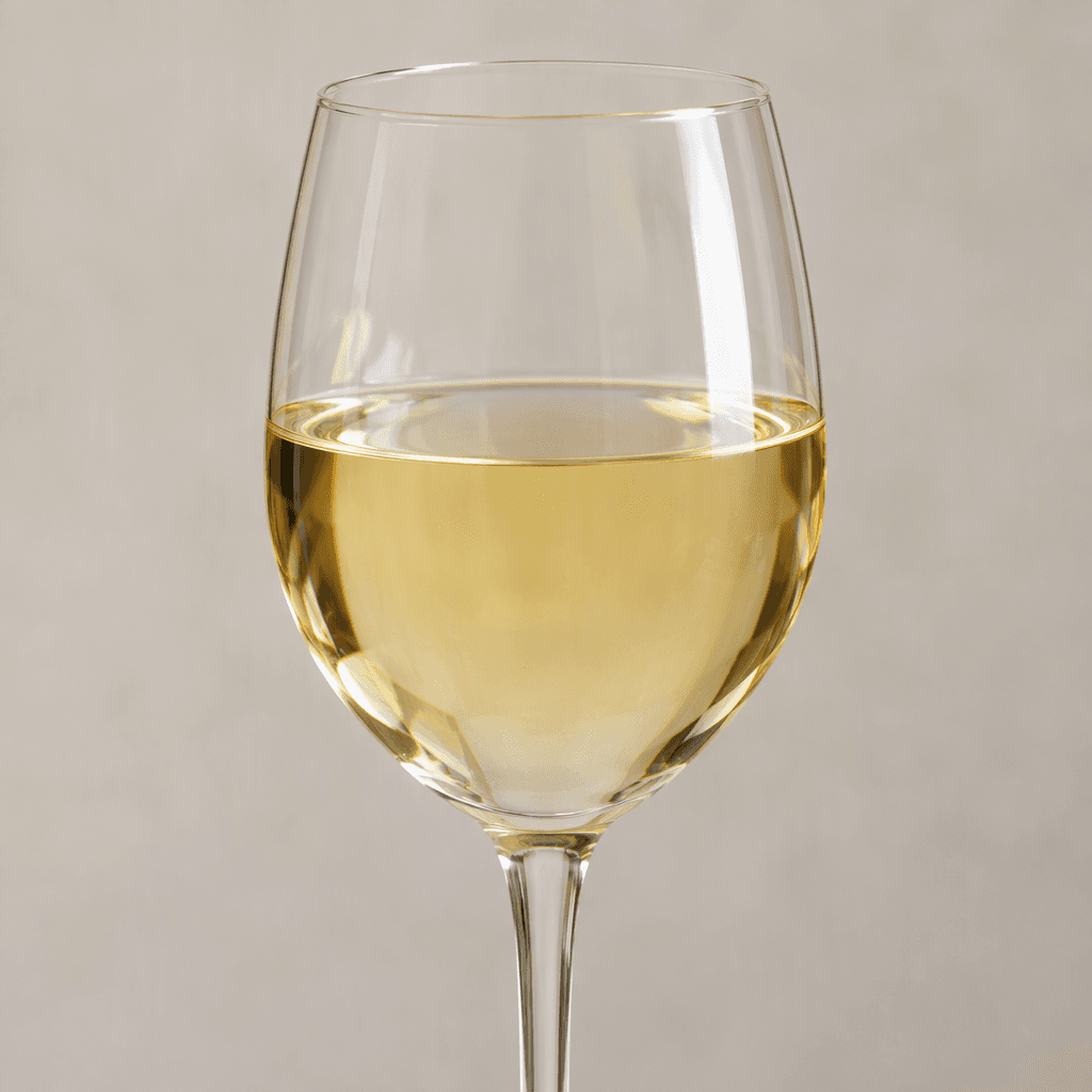 Pale straw-gold, translucent liquid fills a clear stemmed wine glass, with a glossy surface and a narrow white highlight along the rim.