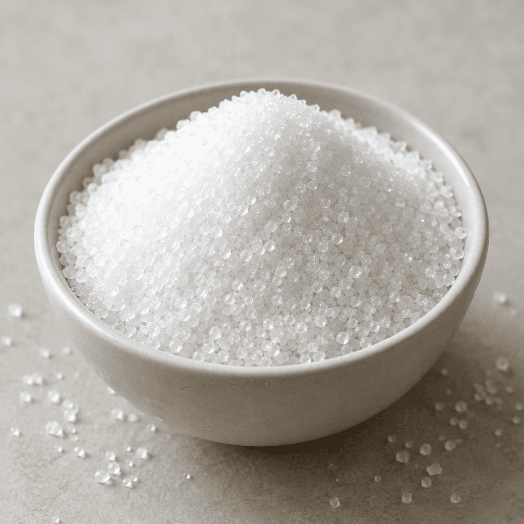 Small, opaque white crystalline granules of sugar form a loose mound in a simple bowl, with a few crystals scattered around it.