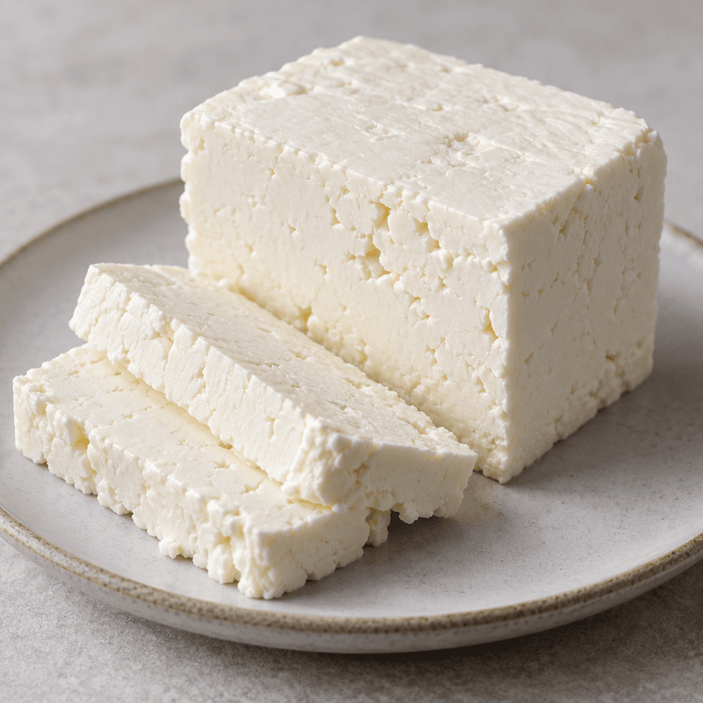 A compact block of firm, ivory-white cheese sits on a plate, with thick cut slices showing a dense, smooth surface and slightly crumbly edges.