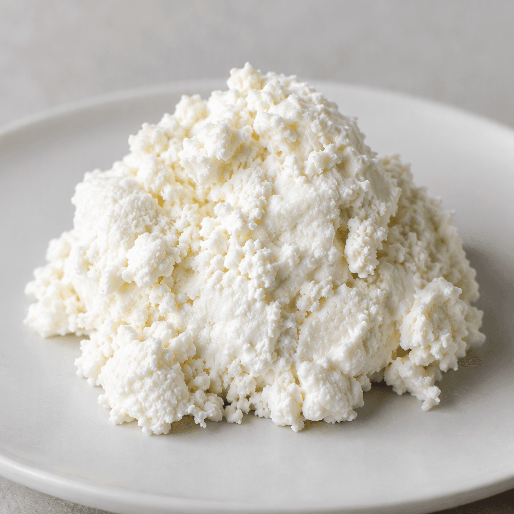A small mound of bright white, moist, finely crumbly strained cheese sits on a plain plate, with uneven edges and a soft, dense texture.