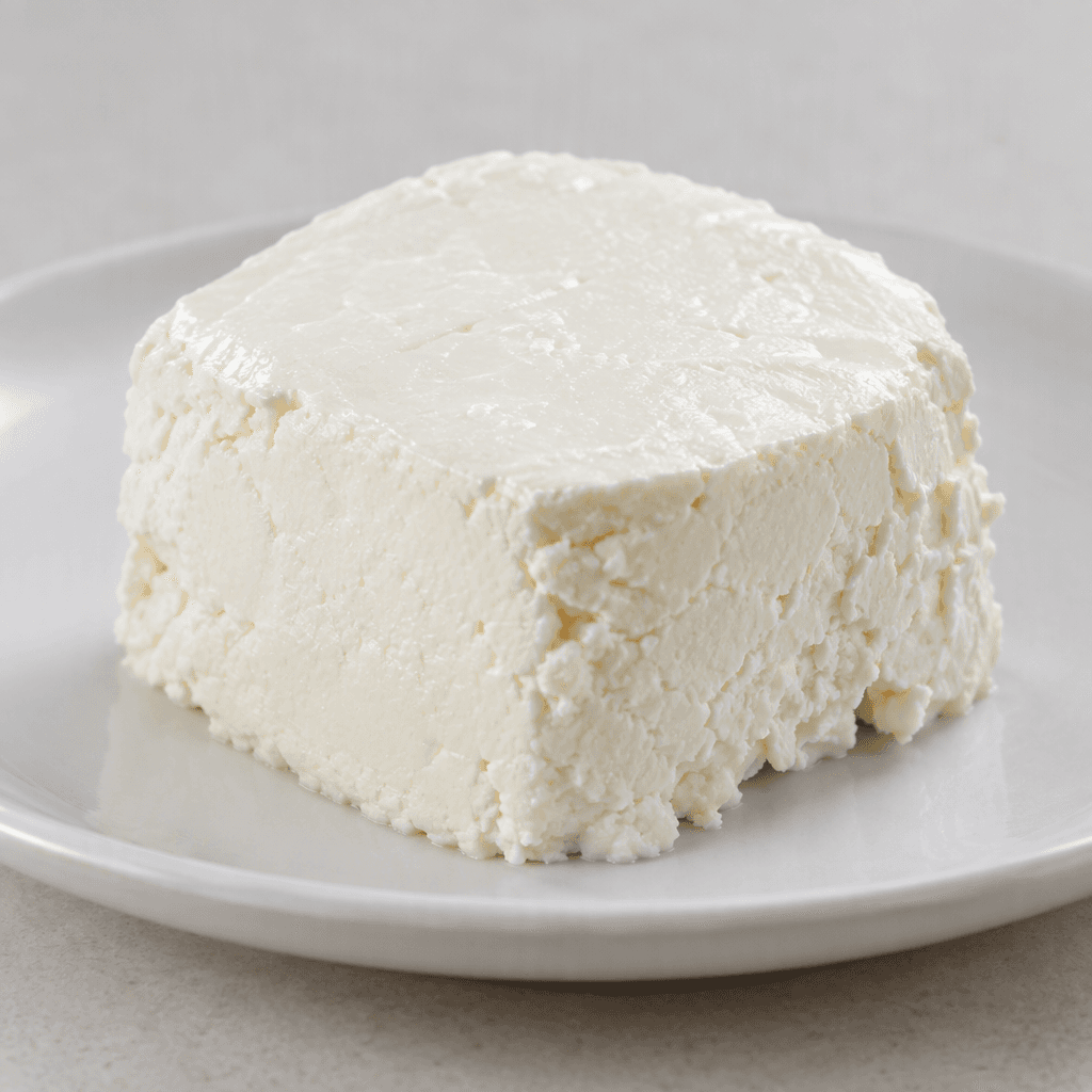 A compact, bright-white block of strained cheese with a moist, smooth surface and a few softly crumbly edges, served plain on a plate.