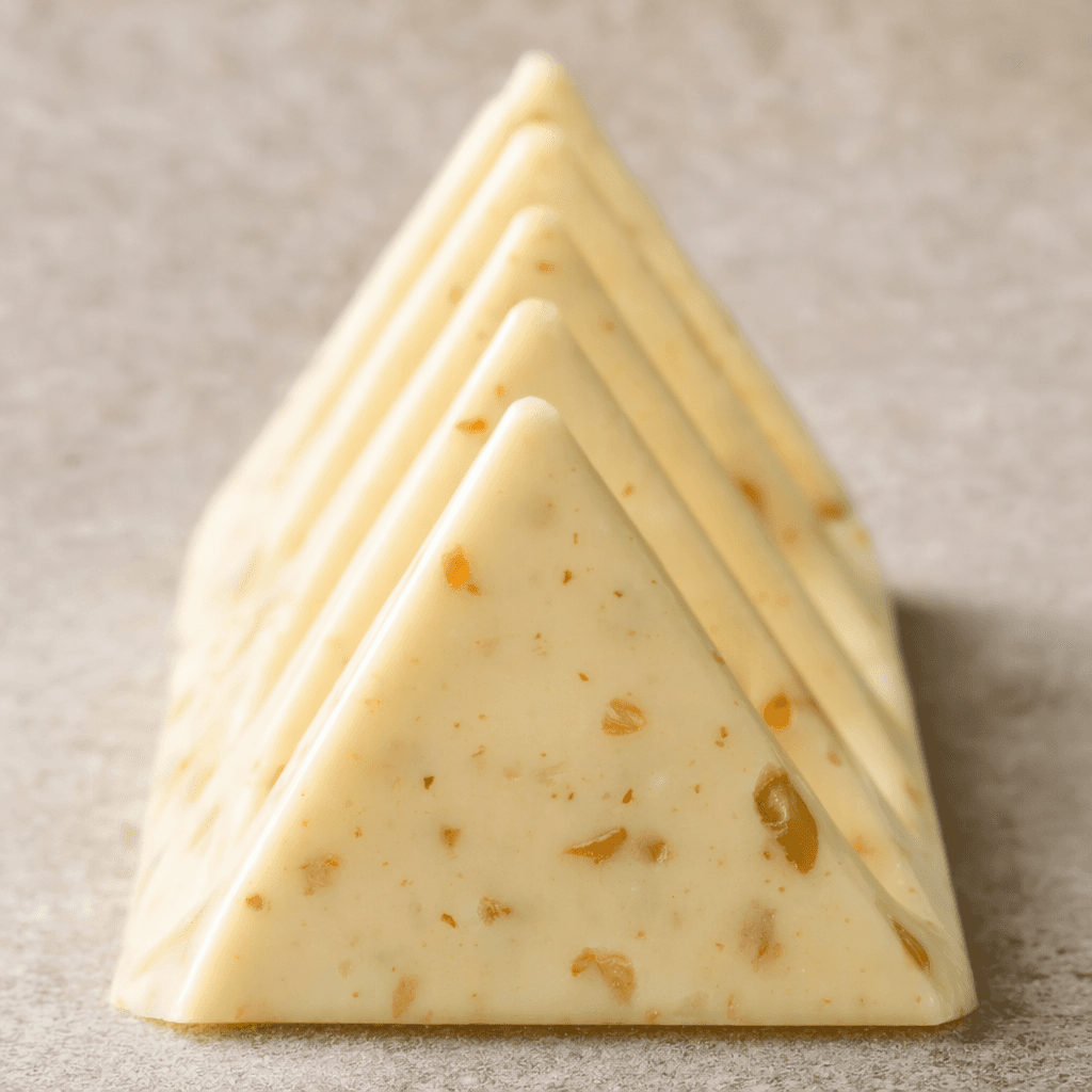 An ivory-white chocolate bar formed from a row of sharp triangular peaks, with small golden-brown honey-and-almond pieces visible in its smooth, slightly glossy surface.