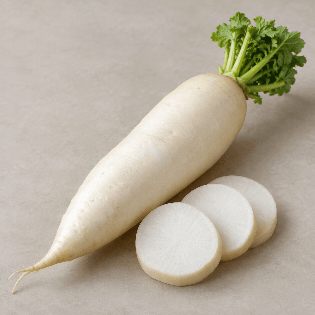 A long, thick white root vegetable with a smooth, slightly glossy surface, gently tapered ends, and a small tuft of fresh green leaves at the top, shown whole with a few round white slices beside it.