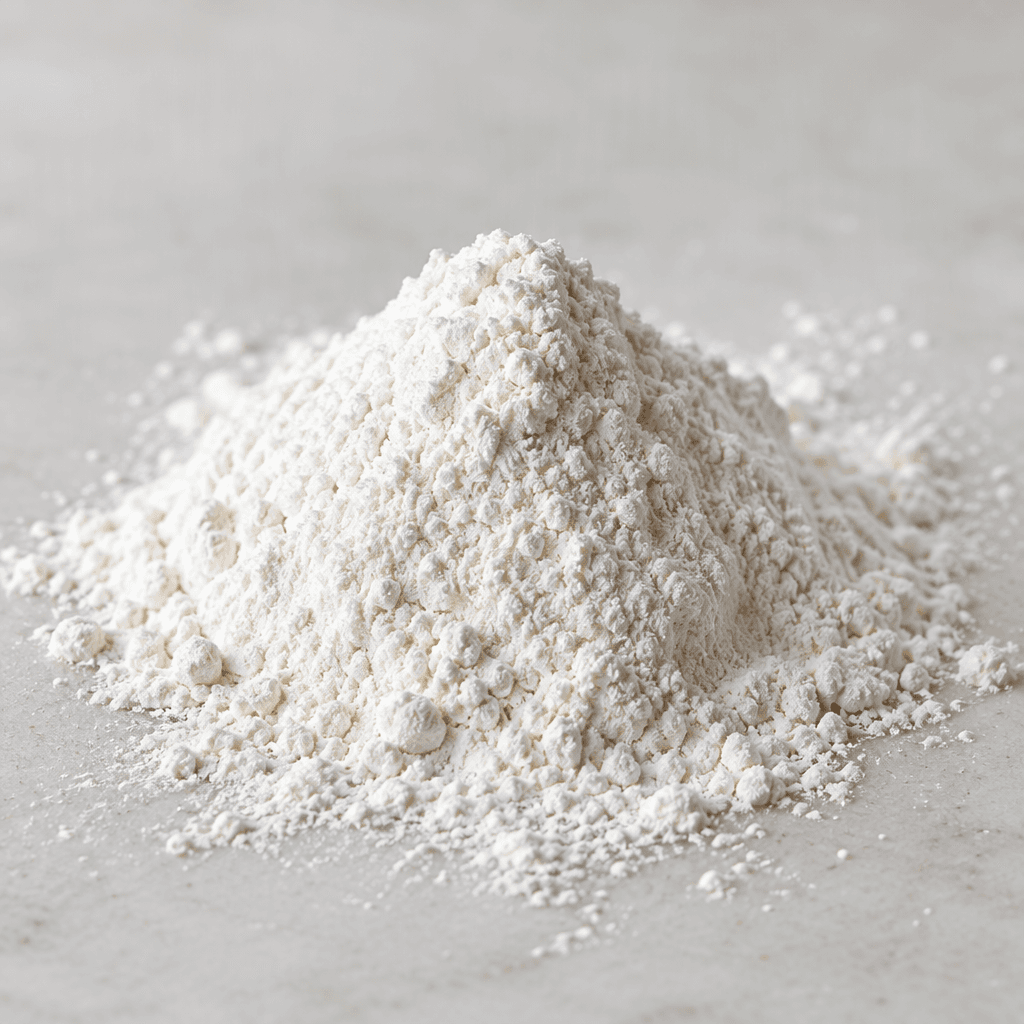 Fine, loose white powder with a soft, floury texture, shown in a small mound and scattered lightly across a plain surface.