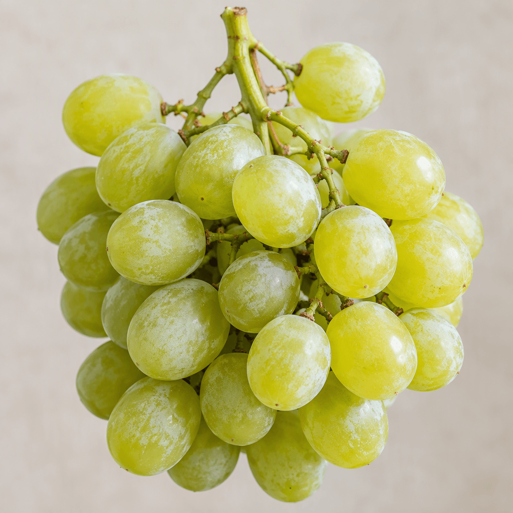 A cluster of round, pale green to yellow-green grapes with smooth, slightly translucent skins, attached to thin branching green stems and showing a soft whitish bloom on some berries.