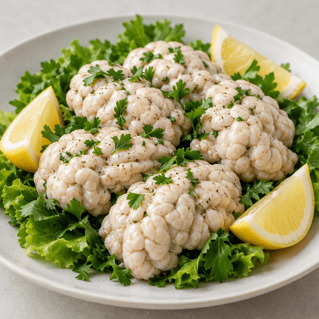 Pale ivory, softly lobed pieces of brain are arranged on leafy greens with chopped parsley and lemon wedges on a plate.