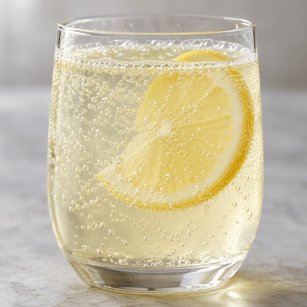 A pale, nearly clear lemon-yellow carbonated drink sits in a clear glass, with fine bubbles rising through it and a light fizz at the surface.