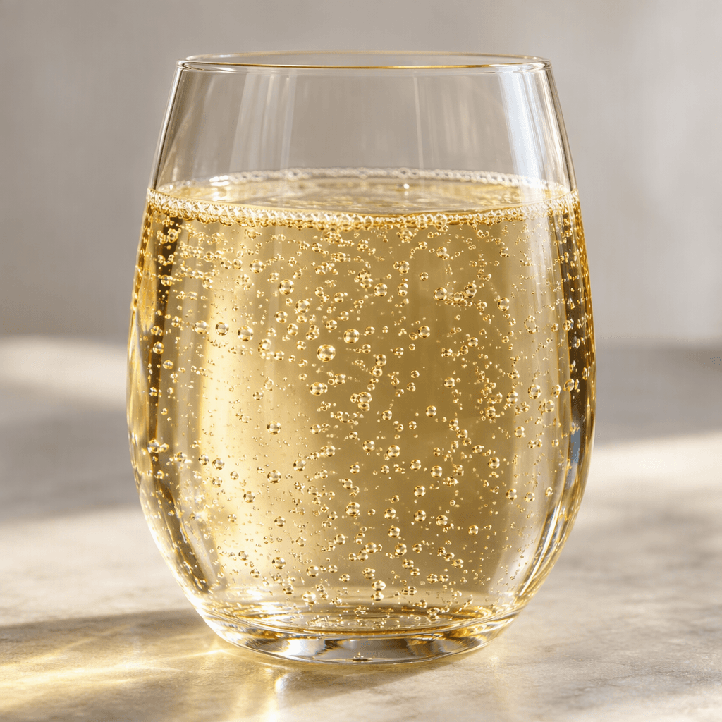 Clear, lightly golden sparkling water sits in a glass, with fine bubbles rising through it.